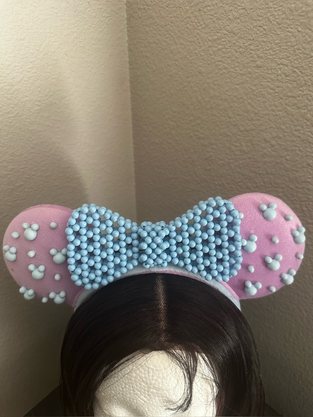 Disney Parks•Pink Minnie-Style Mouse Ear Headband with Blue Beaded Bow.